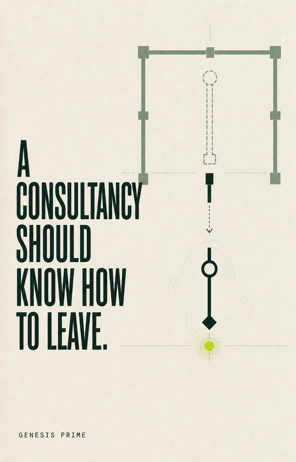 Genesis Prime poster reading A consultancy should know how to leave, illustrated as a system transferring to a clear owner