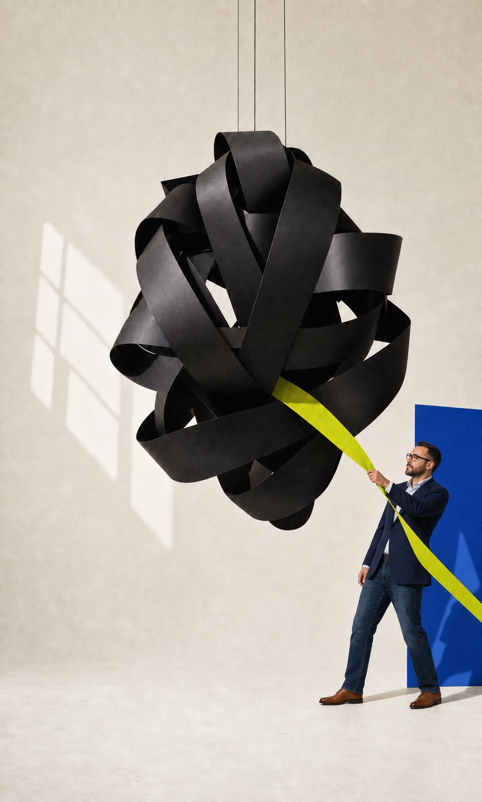 Editorial portrait of Michael Pine pulling a clear lime strip from a suspended knot of folded black paper