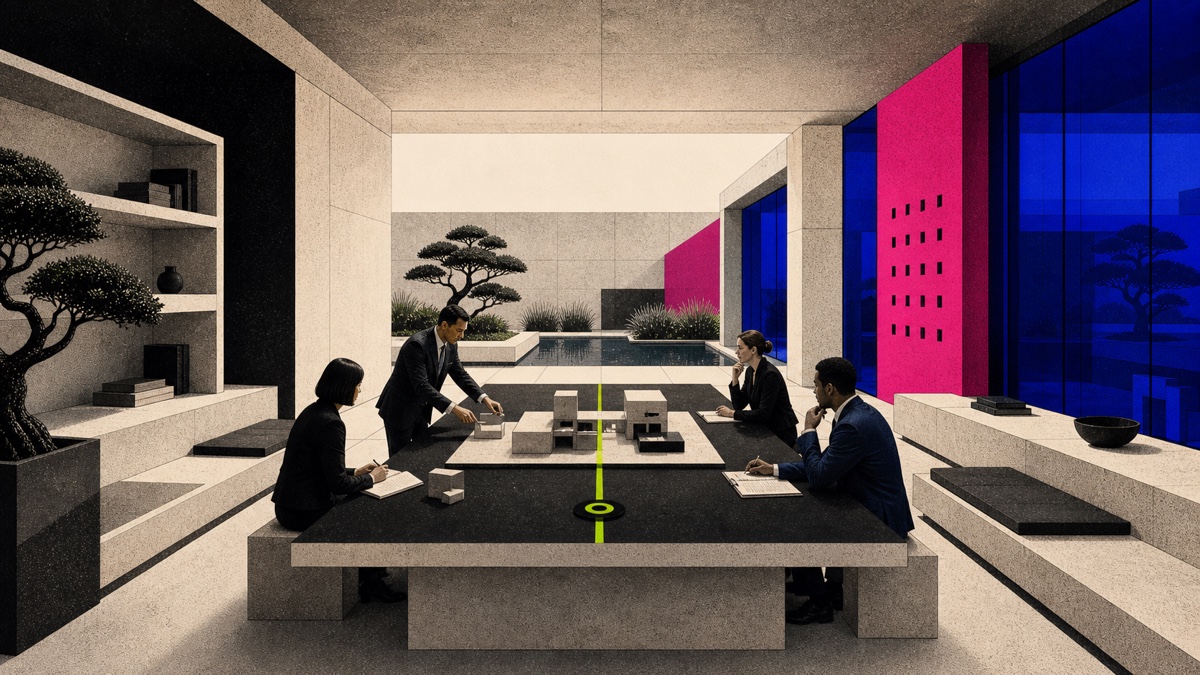Editorial illustration of four consultants working around a modular system model in a concrete strategy room overlooking a planted courtyard