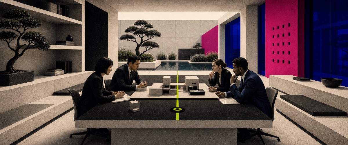 Four consultants seated together around a modular system model in a concrete strategy room overlooking a planted courtyard