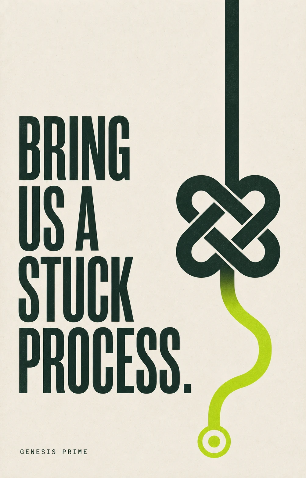 Genesis Prime poster reading Bring us a stuck process, illustrated with a tangled line resolving into a clear path